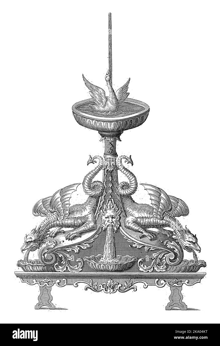Spitting Design Design for a fountain with a water-spitting bird. At the bottom two ...
