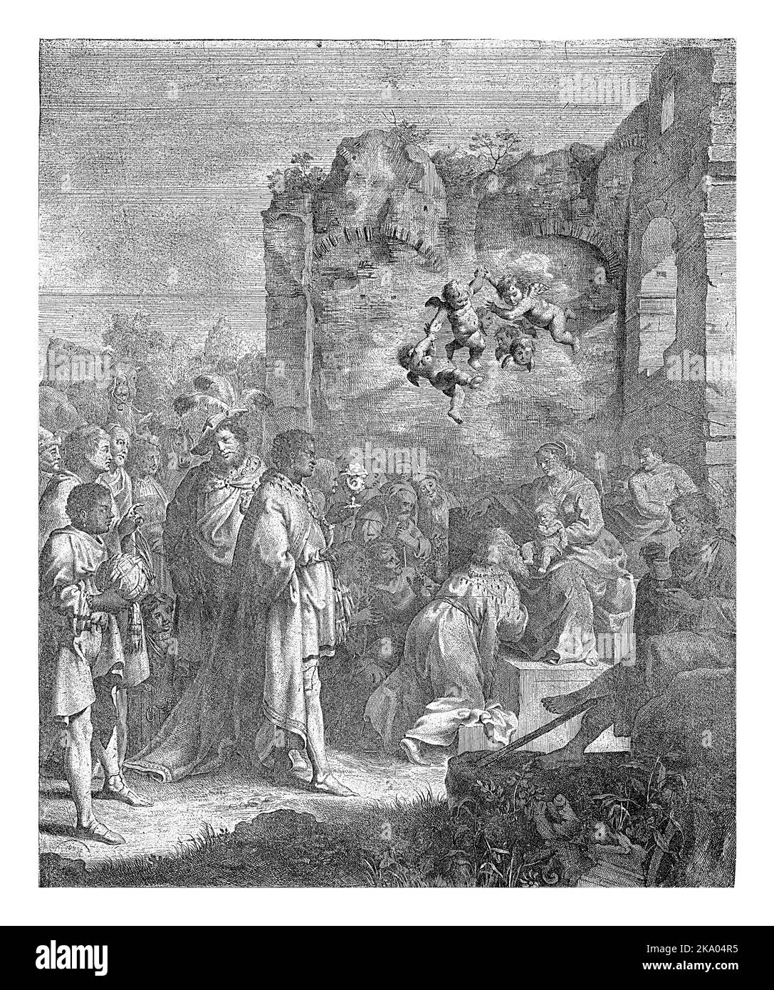 Adoration of the Magi, Jan Gerritsz. van Bronckhorst, after Cornelis van Poelenburch, 1613 - 1661 Stock Photo