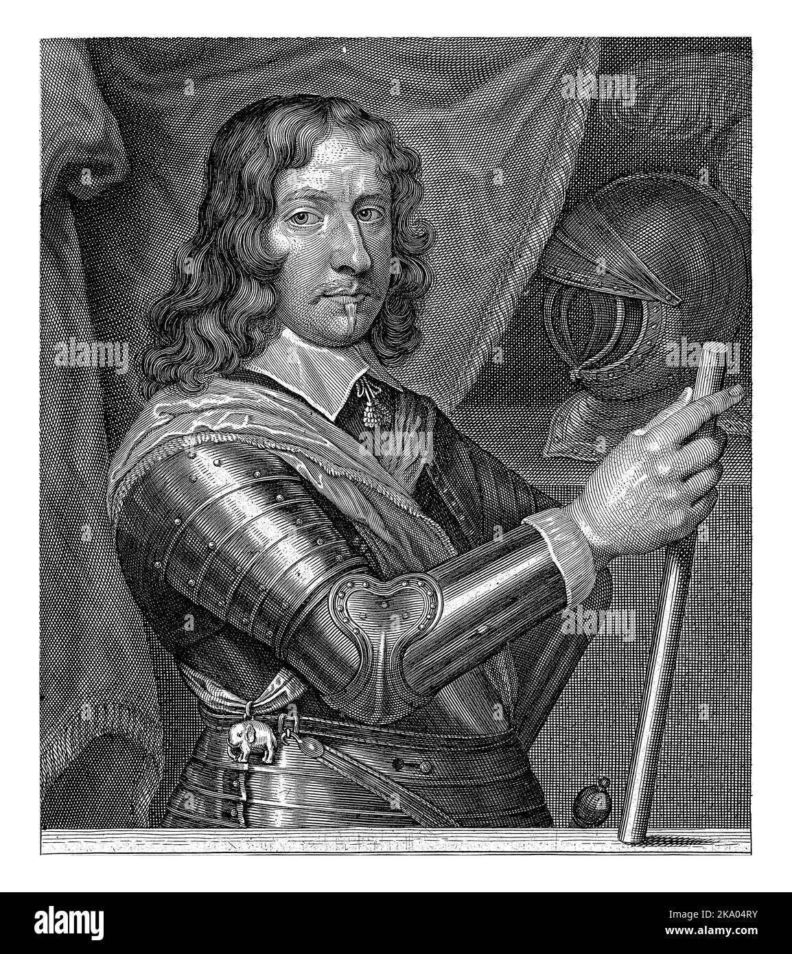 Portrait of Henry. In his right hand a command staff. In the background