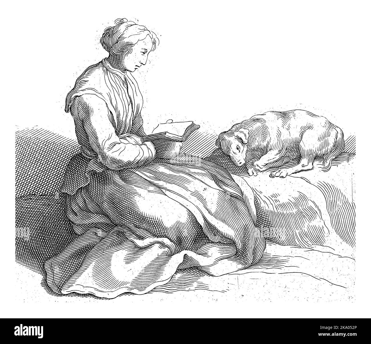 A woman is reading on the floor, a dog is sleeping next to her. Stock Photo