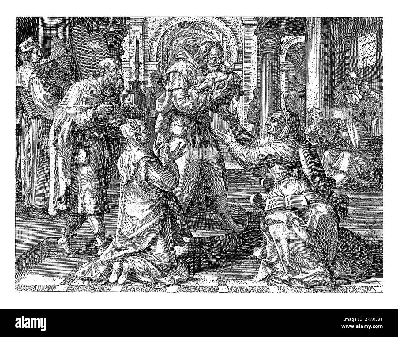 The interior of a temple. Central Simeon kissing the Christ child. The
