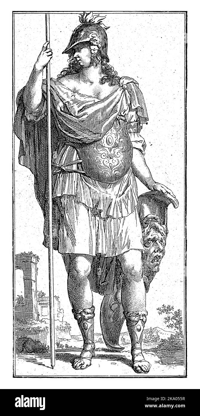 Minerva as personification of reason in armor, with helmet and shield. The head of Medusa is depicted on the shield Stock Photo