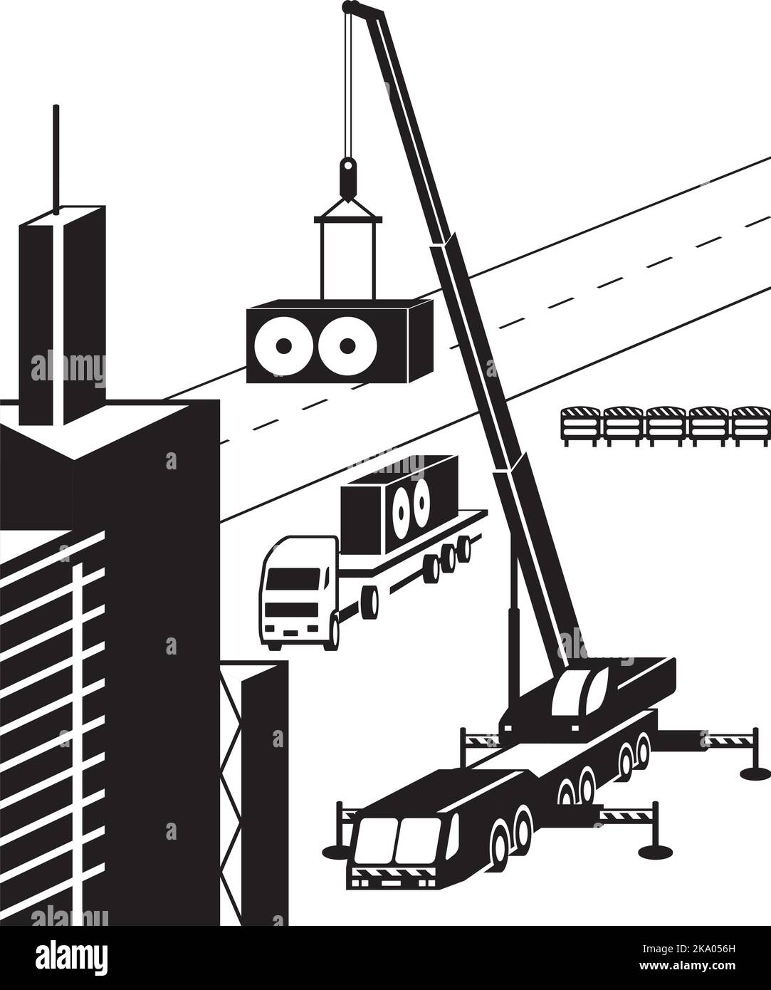 Crane truck lifting air conditioning unit vector illustration Stock