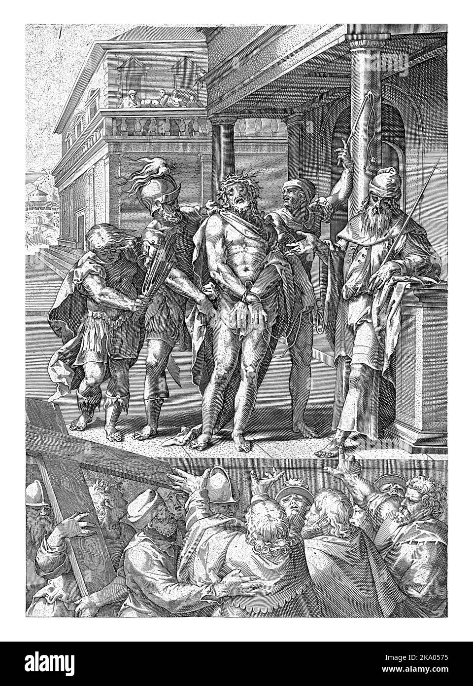 Christ stands handcuffed on a platform of an ancient building, with a crown of thorns on his head, surrounded by three soldiers. Pilate, right, shows Stock Photo