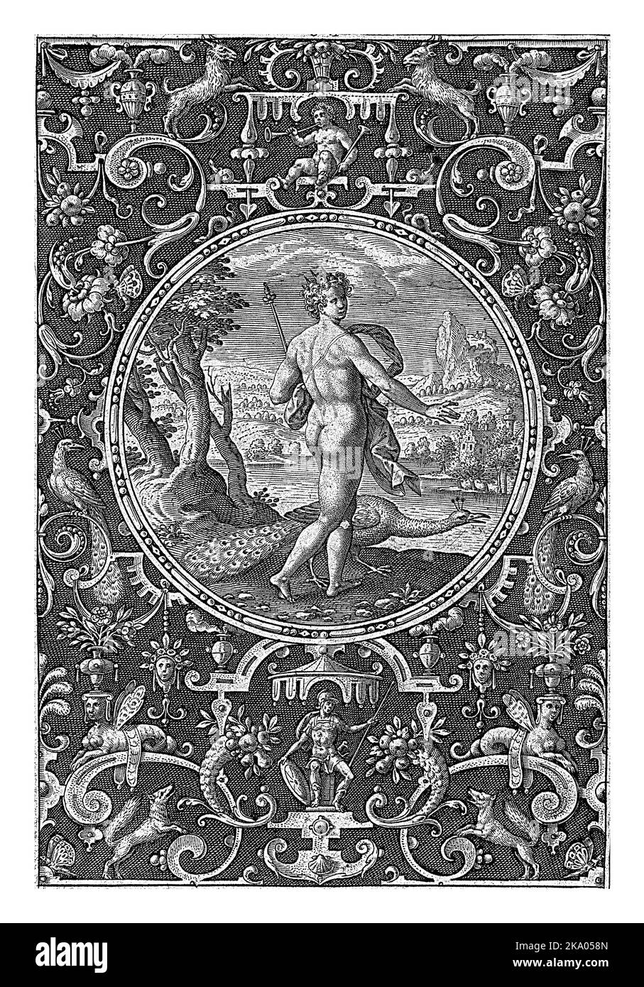 Medallion in a grotesque frame. Bottom center a warrior under a canopy. Shaded background. Stock Photo