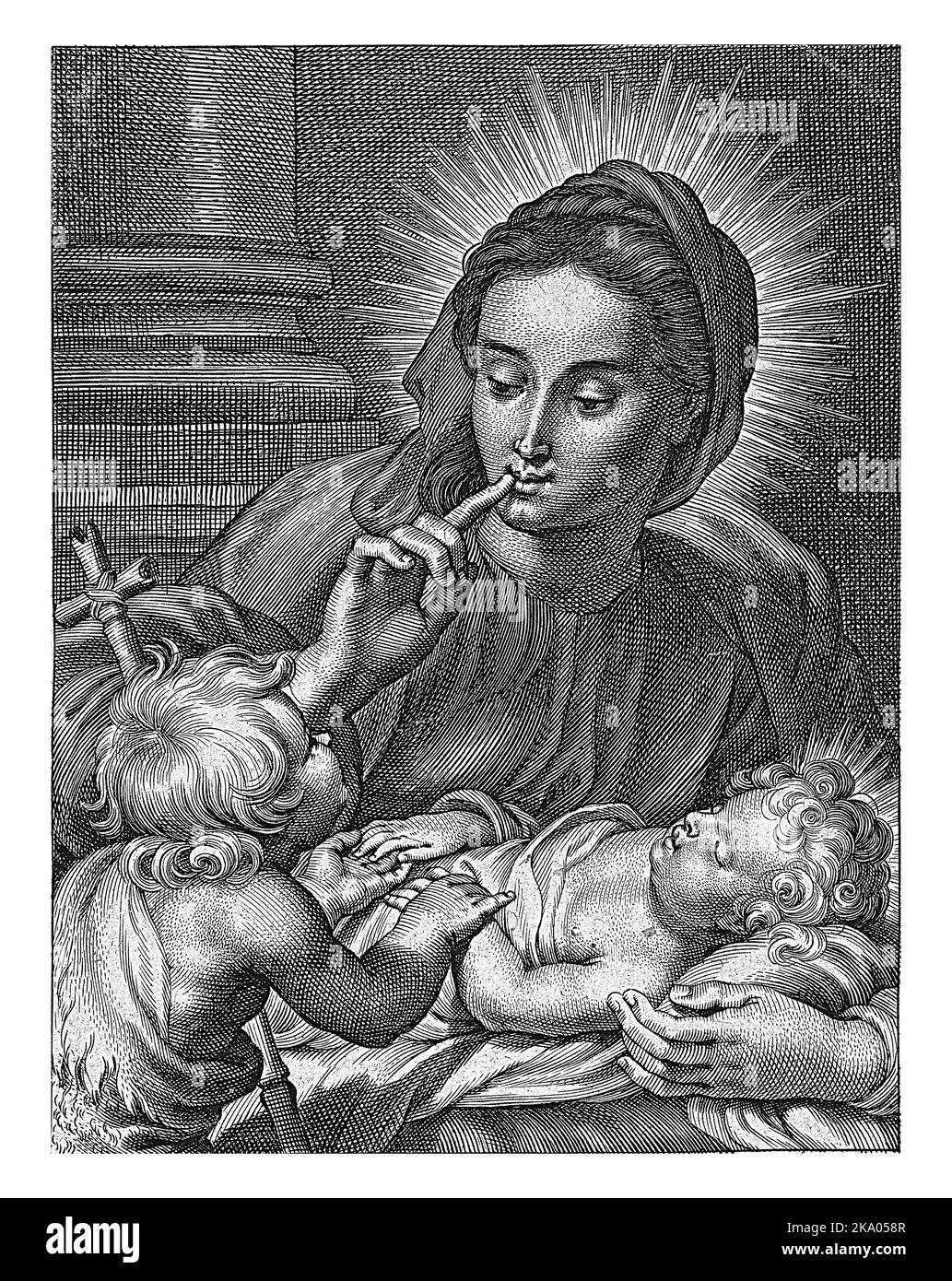 Mary with sleeping christ child and john the baptist hires stock