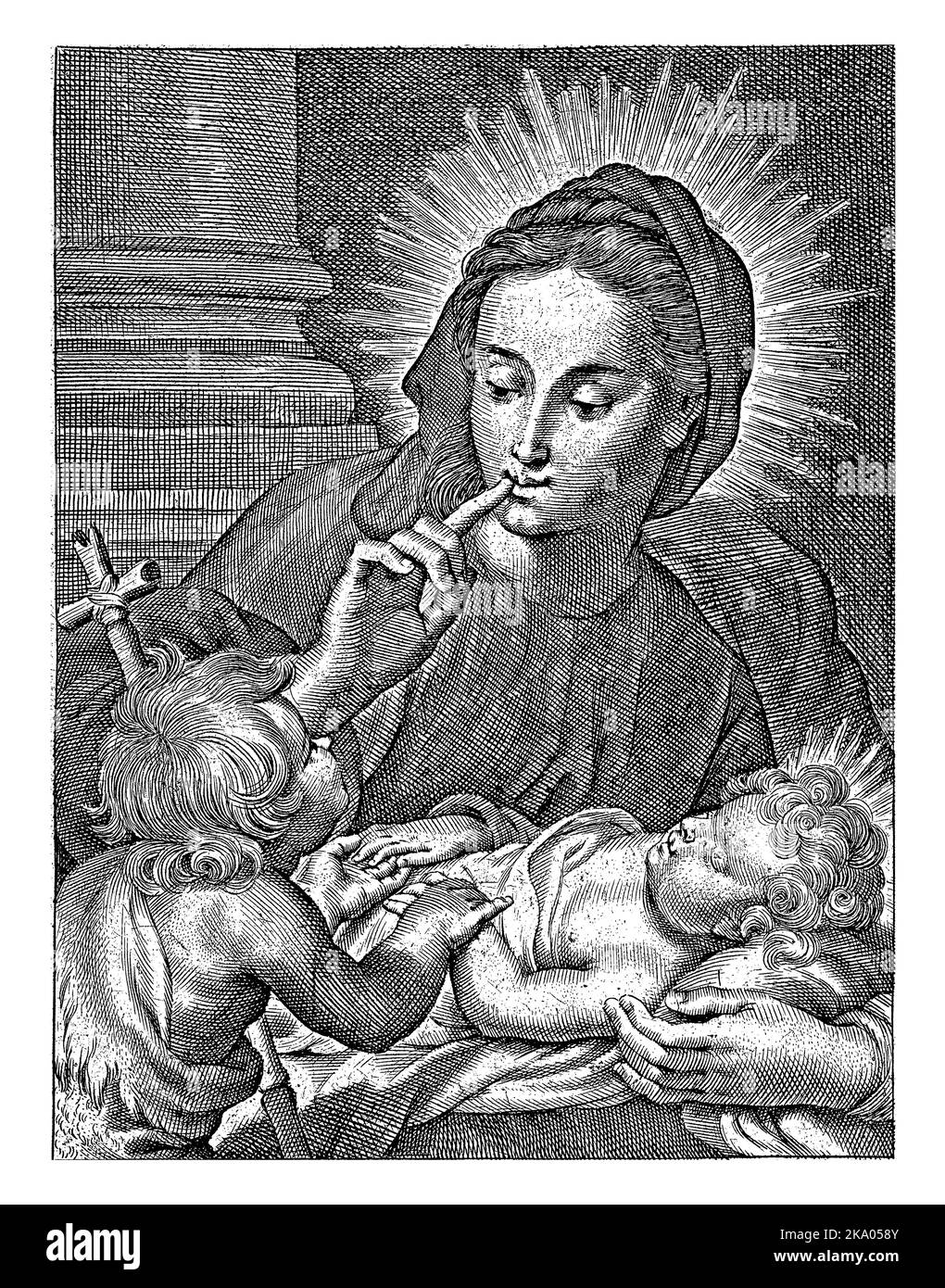 Mary sits with the sleeping Christ Child on her lap and gestures with