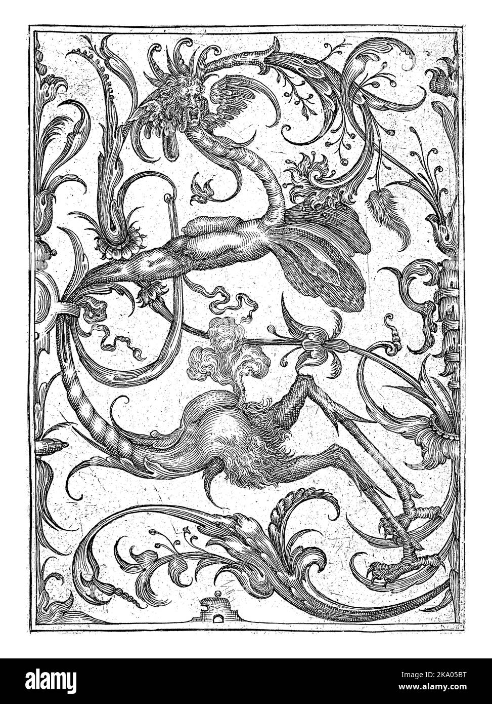 The upper and lower body of the dragon is intertwined with the leaf vines. From a series of 12 sheets with leaf vines and grotesques, dedicated to Geo Stock Photo