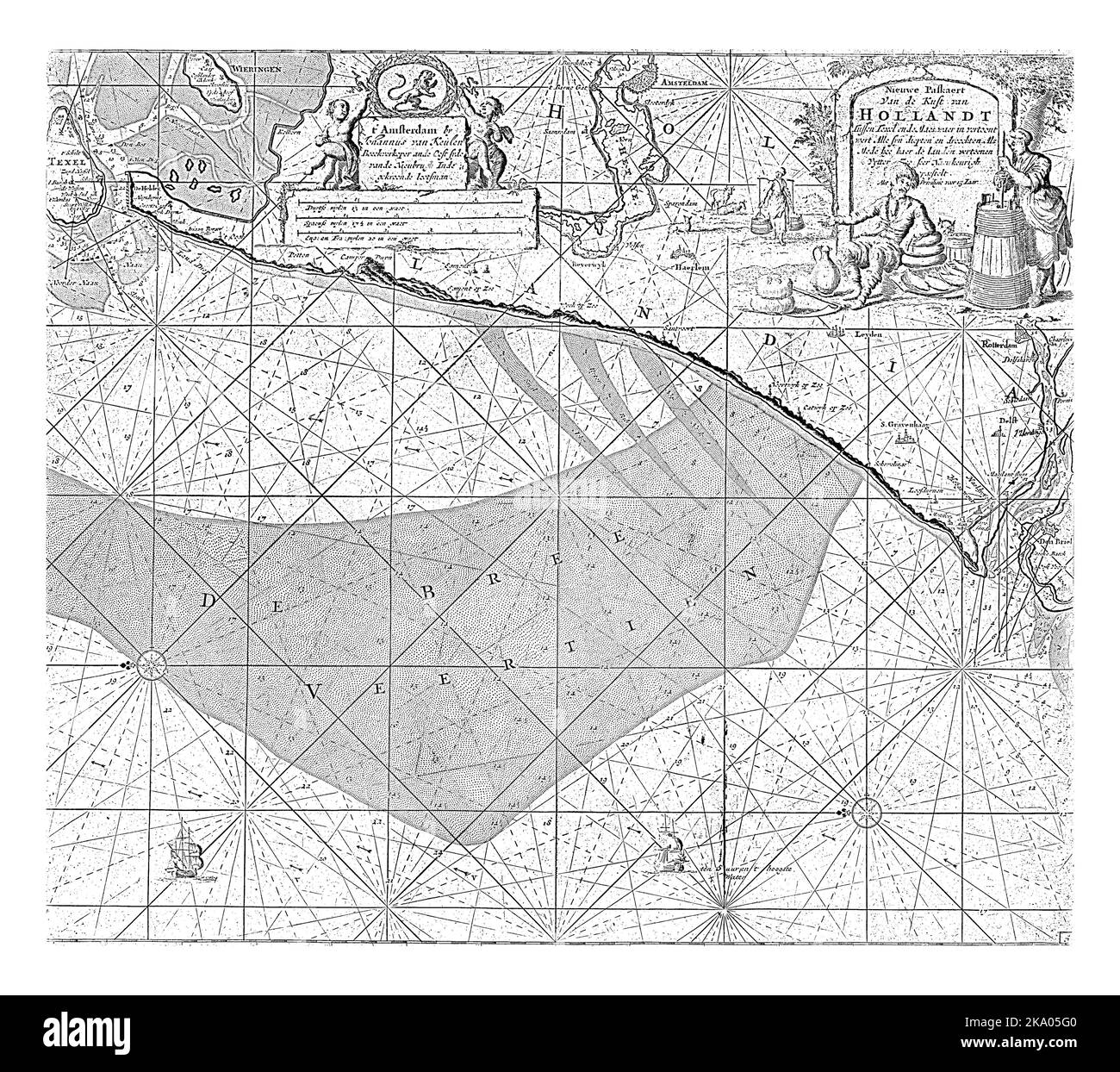 Passport map of the coast of Holland between Texel and the Maas, with two compass roses, the North is on the left. Top right a cartouche with the titl Stock Photo