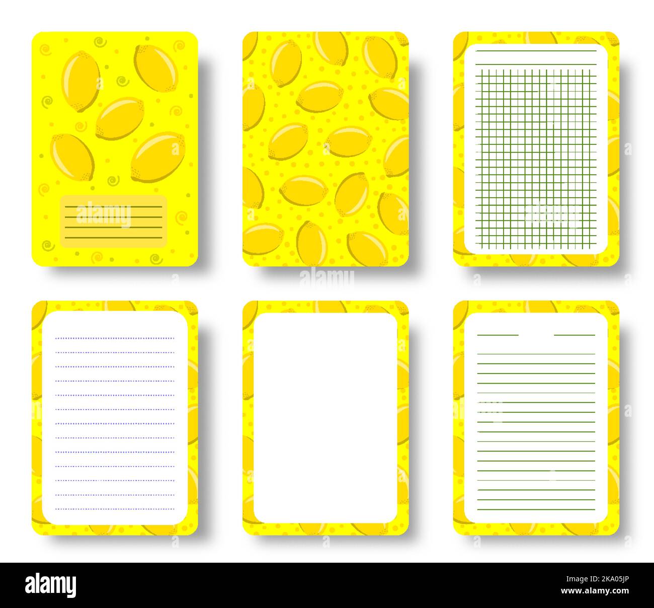 Lemon fruits notebook cover and pages set. Citrus pattern with copy space lined sheet template for annual notepad, brochure, copybook, diary. Healthy food fresh print for magazine, booklet, journal Stock Vector