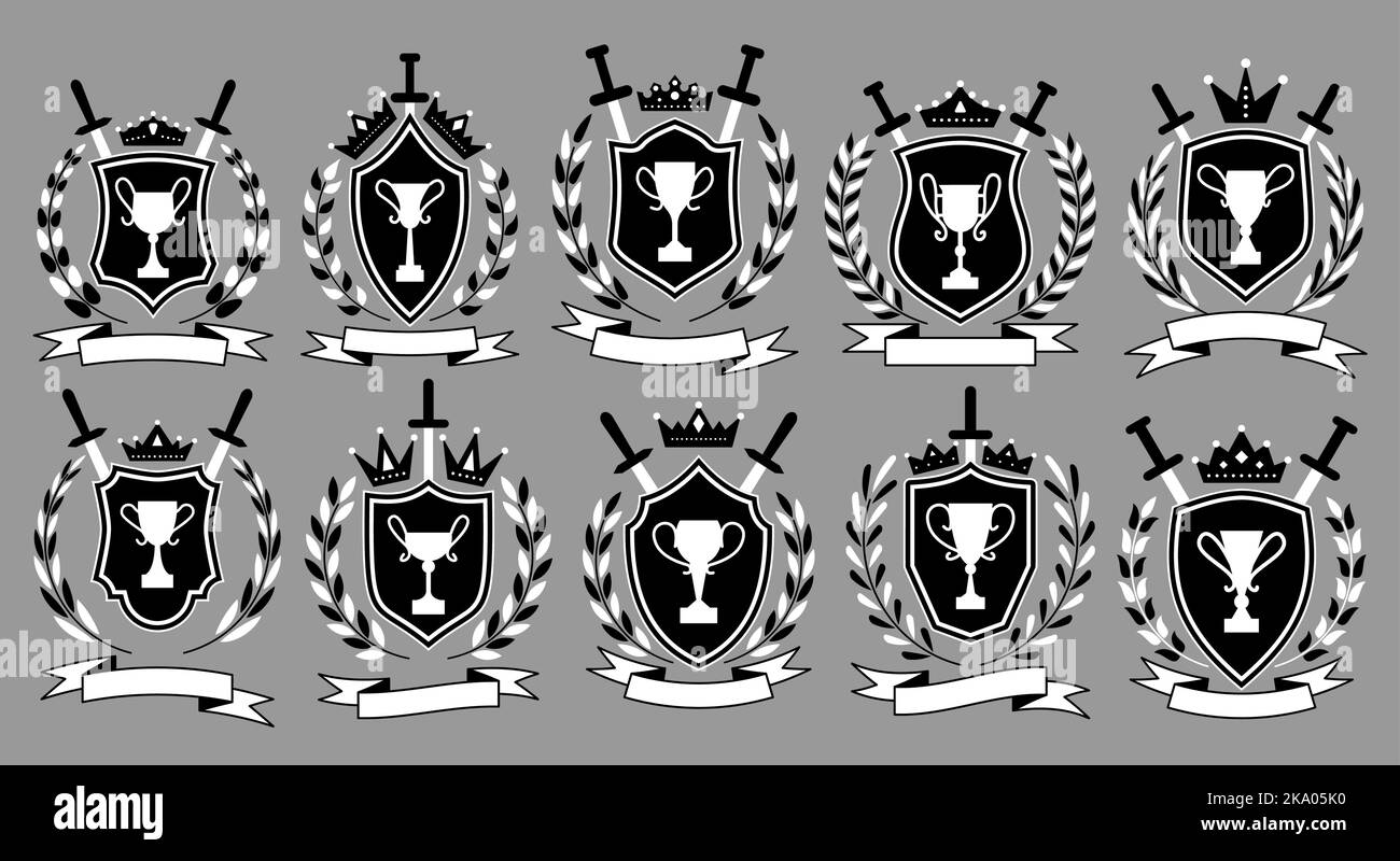 Heraldic emblem set. Goblet on shield, laurel wreath, kings crown, sword ribbon black icon set. 1st 2nd 3rd place different shape winner award. Champions victory trophy cup, best choice symbol Stock Vector