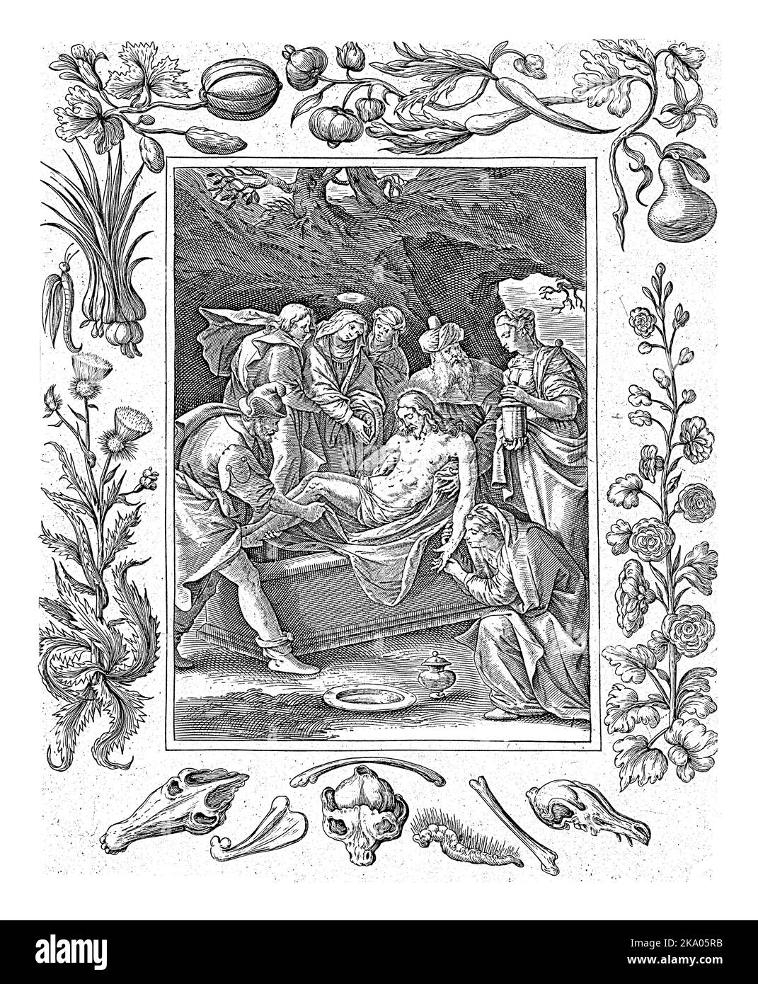 Entombment of Christ, Antonie Wierix (II), after Maerten de Vos, 1582 - 1586 Christ is laid in the rock tomb by Joseph of Arimatea and Nicodemus. Stock Photo