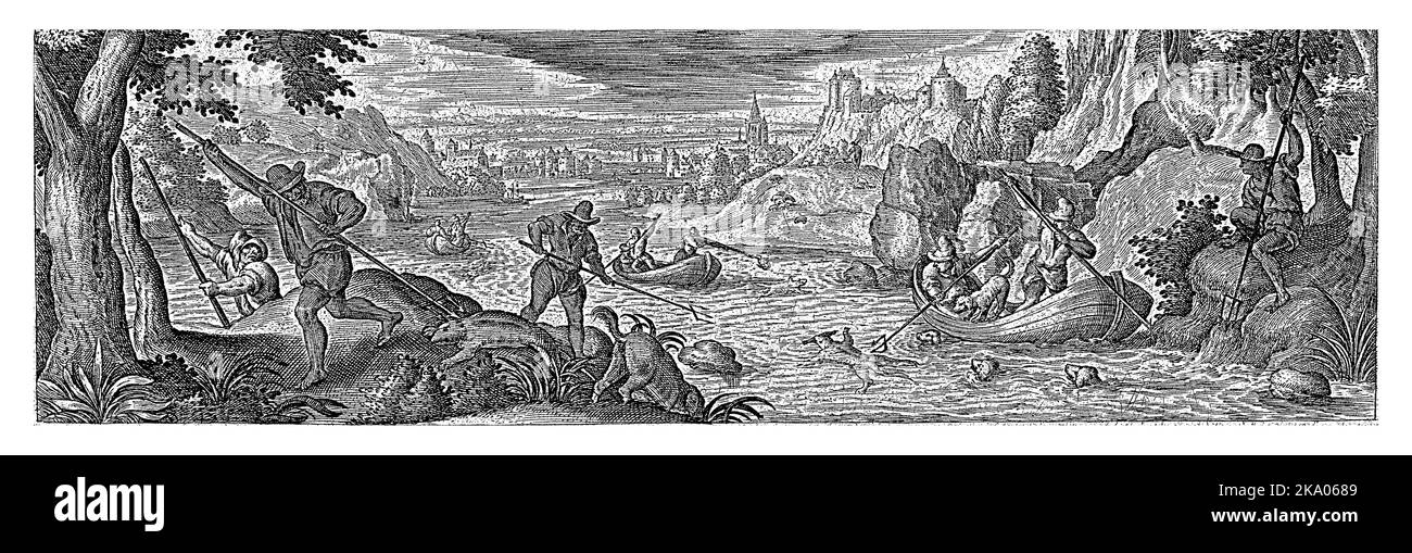 Hunters hunt otters using dogs and tridents. The print has a Latin