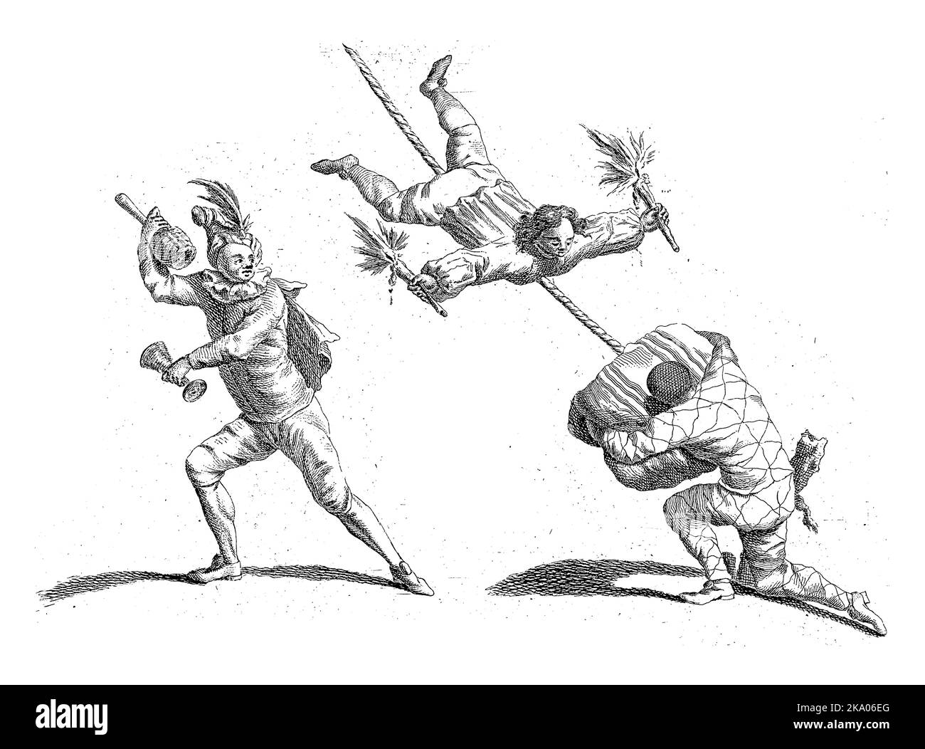Three acrobats in action, anonymous, after Gerardus Josephus Xavery, 1728 While an acrobat with two burning torches slides down a rope over his belly Stock Photo