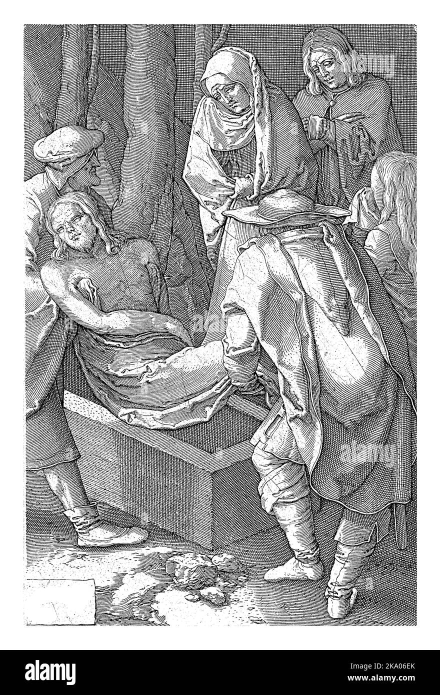 Entombment, Jan Harmensz. Muller, after Lucas van Leyden, 1613 - 1622 Joseph of Arimatea and Nicodemus lift the body of Christ into the tomb. In the b Stock Photo