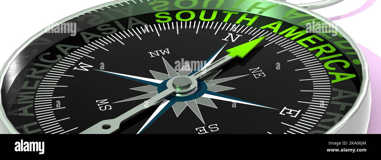 Compass needle pointing to word South America, 3d rendering Stock Photo ...