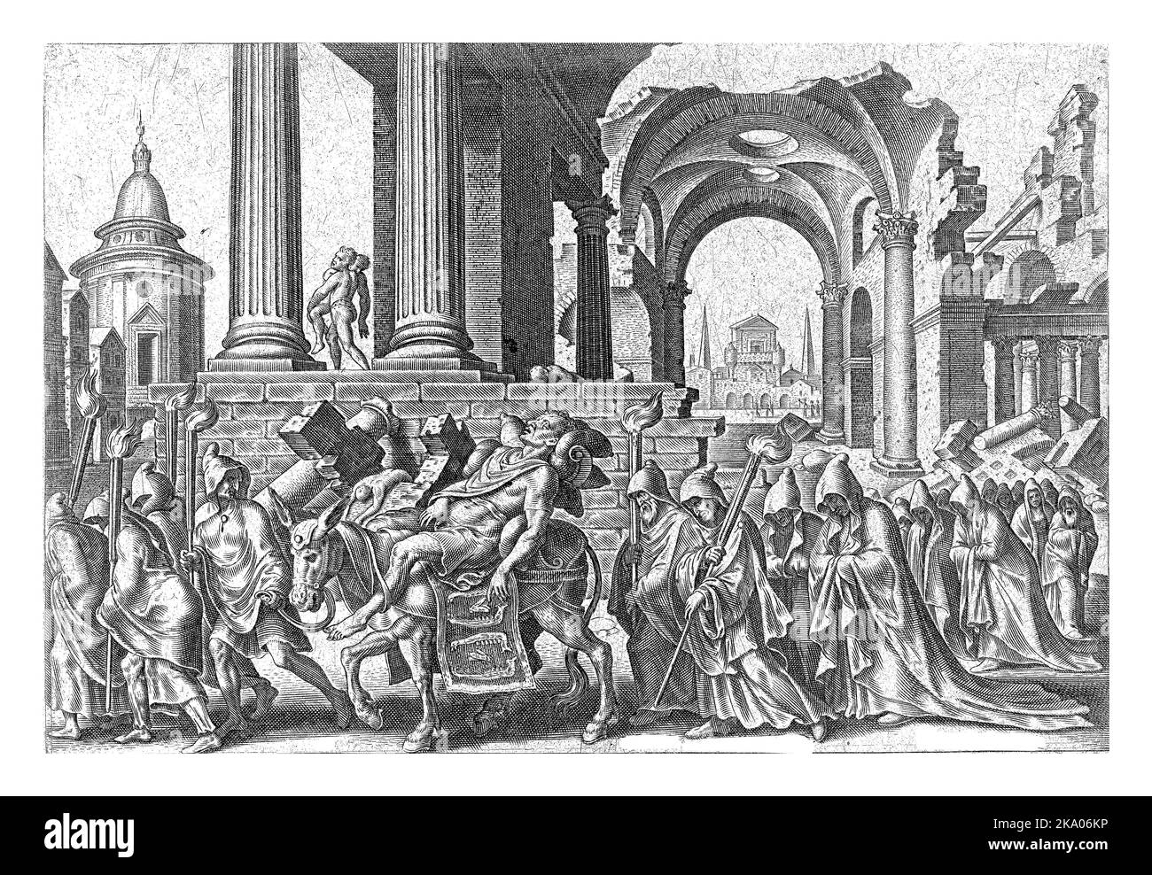 Samson's dead body is carried on a donkey in a funeral procession Stock