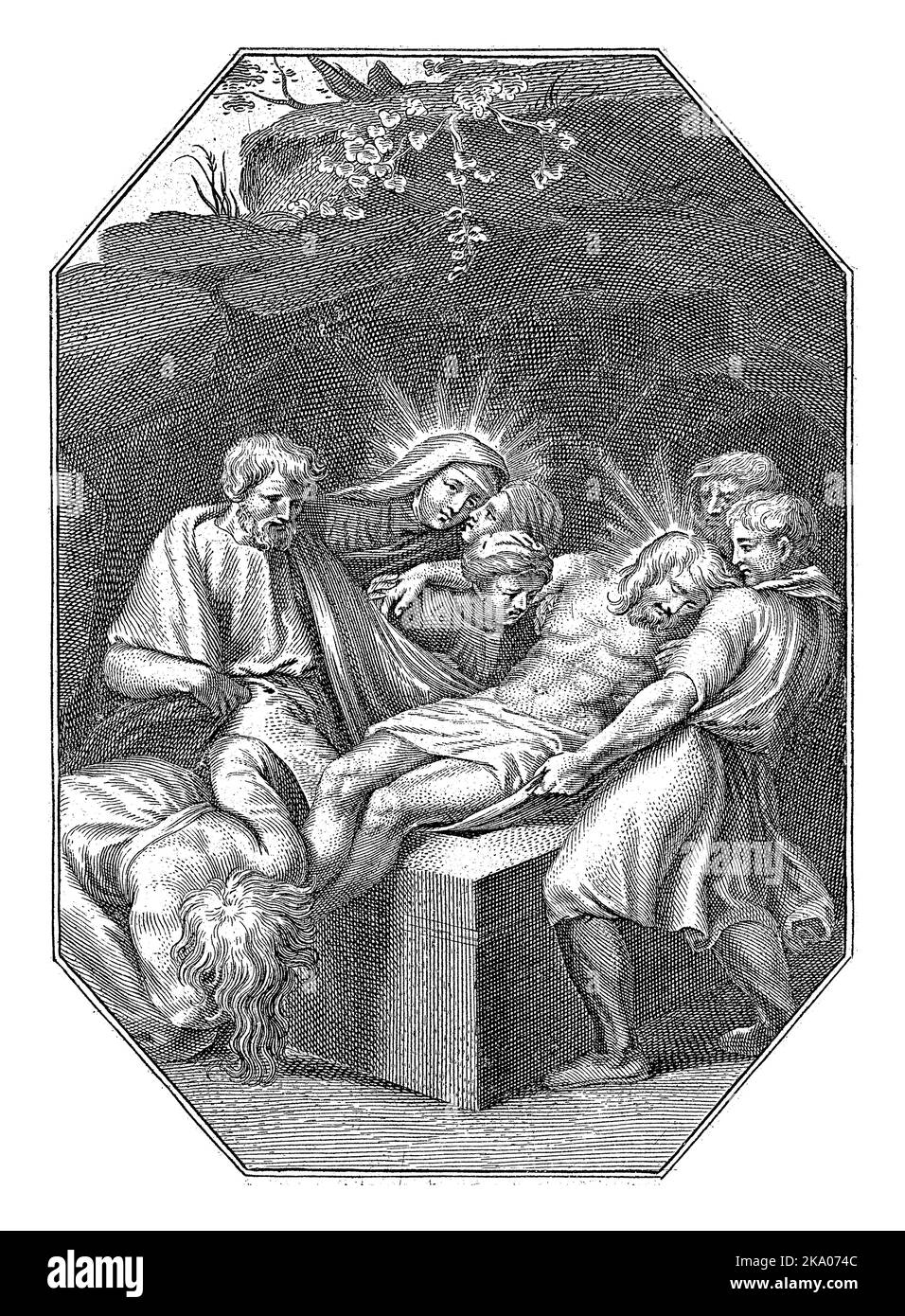 Entombment, Cornelis Galle (I), 1586 - 1650 Christ is placed in the tomb by a number of men. Mary Magdalene kisses his feet. Stock Photo