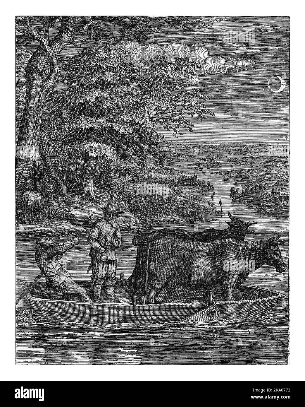 A wide river landscape by moonlight. In the foreground a vlet in which