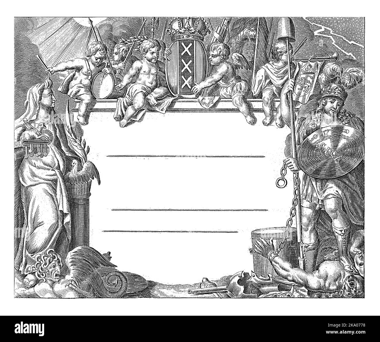 Shooter's letter with personification of the city maiden of Amsterdam trampling a prisoner in chains and personification of faith trampling heresy. Stock Photo