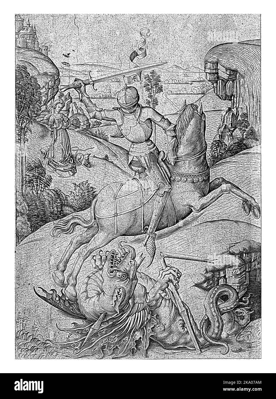 George on horseback with raised sword. Below him Dragon with broken lance. Landscape in background with woman and lamb. Stock Photo