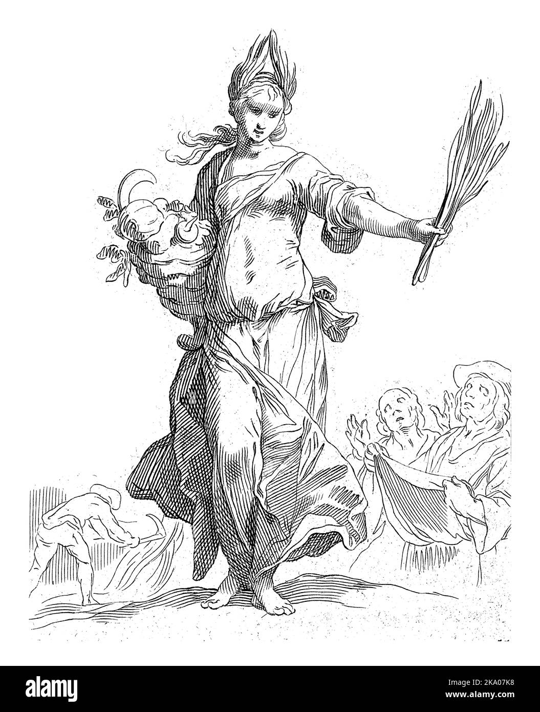 Standing woman with a bundle of ears of corn in the left hand, a cornucopia in the right hand. Two men behind her hold up their hands for alms. Stock Photo