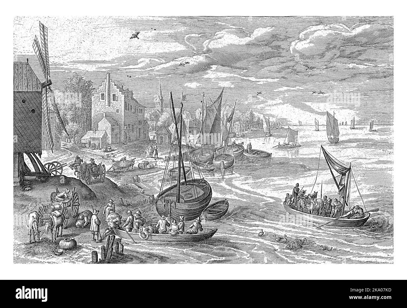 Landscape with a village on a river. In the left foreground a windmill. Several boats are moored at a jetty and a fully loaded ferry sails on the rive Stock Photo