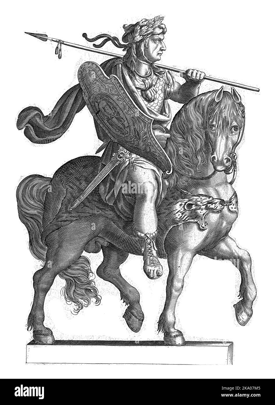 Emperor Claudius on horseback, depicted in profile with spear and shield. Stock Photo