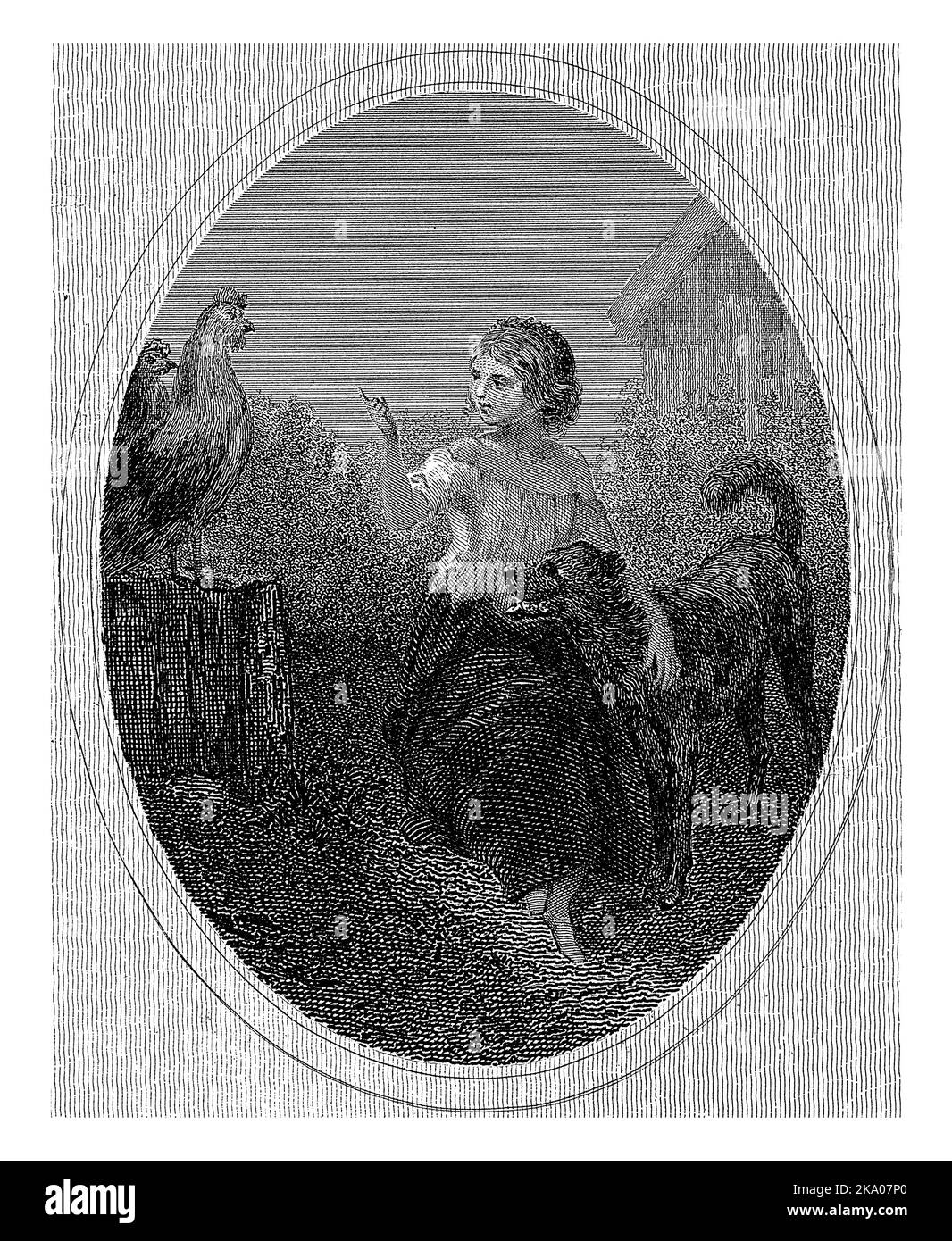 In a garden, a girl has put an arm around a dog. She raises her left