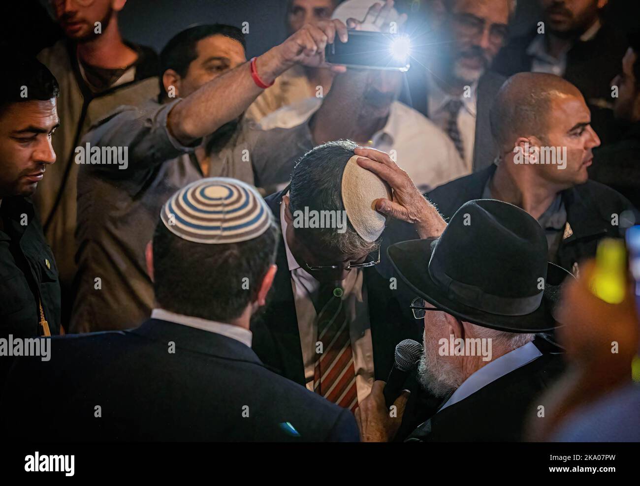 Rabbi Nov Lior spiritual leader of the ultra nationalist far right party Otzma Yehudit, places his hand on the head of the parties political leader Itamar Ben Gvir as he gives him his blessing, during a rally in Jerusalem. Israel's 5th national elections in four years will take place on Nov 1. On Nov 2 Israelis might wake up to a reality in which its nationalist far-right party, Religious Zionism - which includes the ultra-nationalist Otzma Yehudit party will be the third largest party in parliament and a key member of a coalition led by opposition leader and former prime minister Benjamin Net Stock Photo