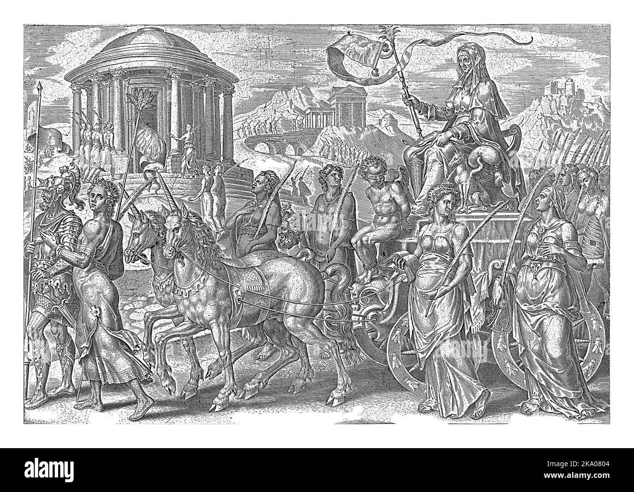 Chastity's chariot (Pudicitia), a veiled woman, is pulled by unicorns, legendary chaste animals. Cupid sits blindfolded and tied to her feet. Stock Photo