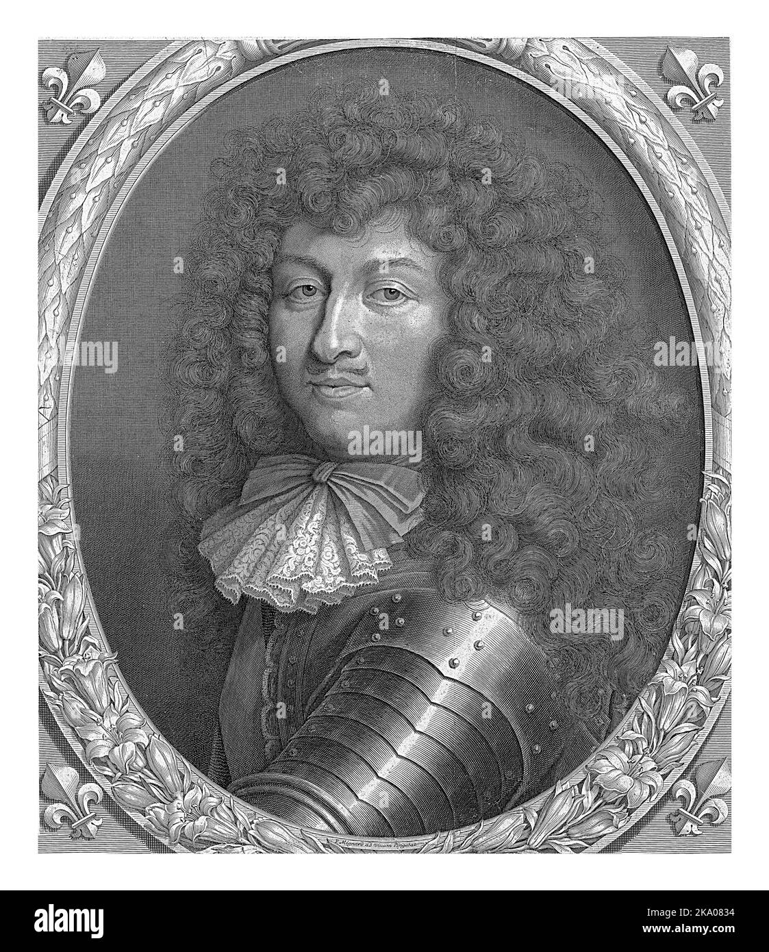 Portrait of Louis XIV, King of France, with Bow in an Oval Frame with Lilies, Pieter van Schuppen, after P. Mignard, 1672 Stock Photo