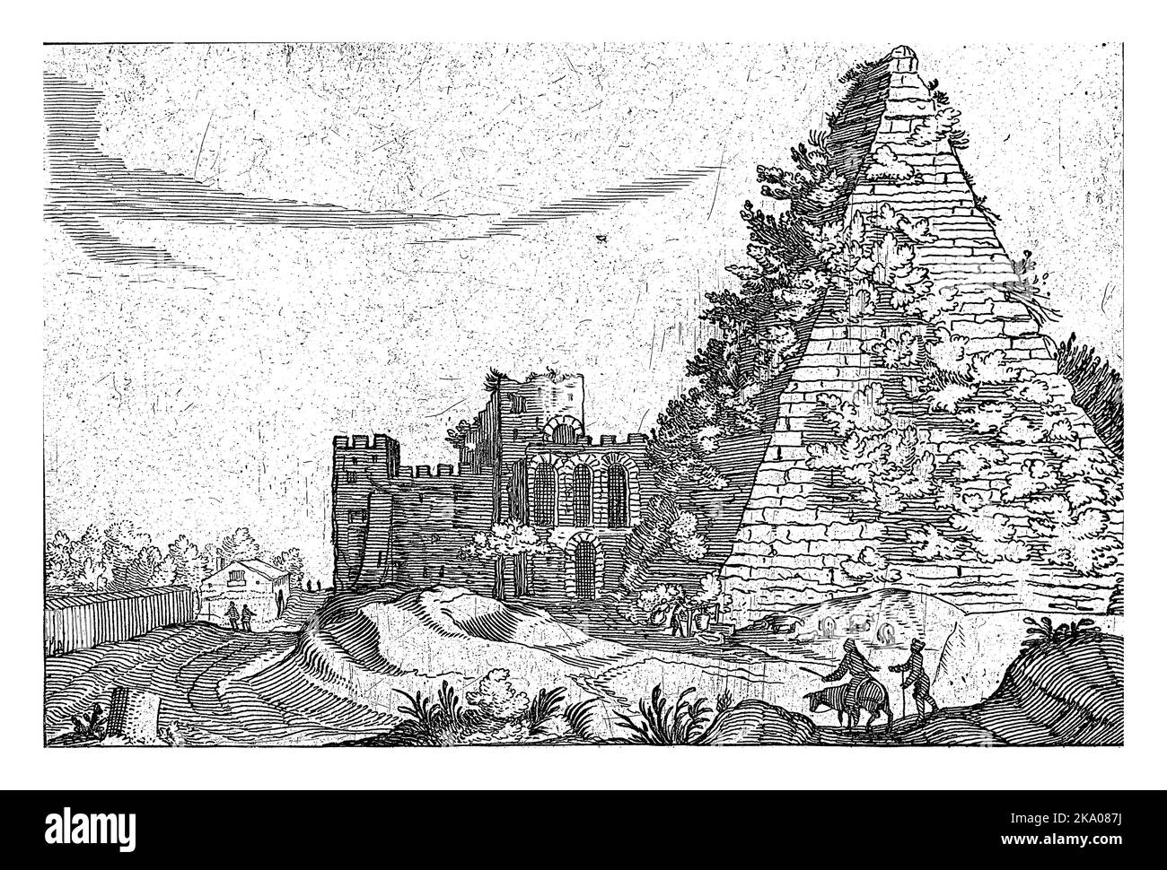 The pyramid of Gaius Cestius in Rome, in front of it a man on a donkey and a walker. Print from a series of Roman ruins, consisting of copies after a Stock Photo