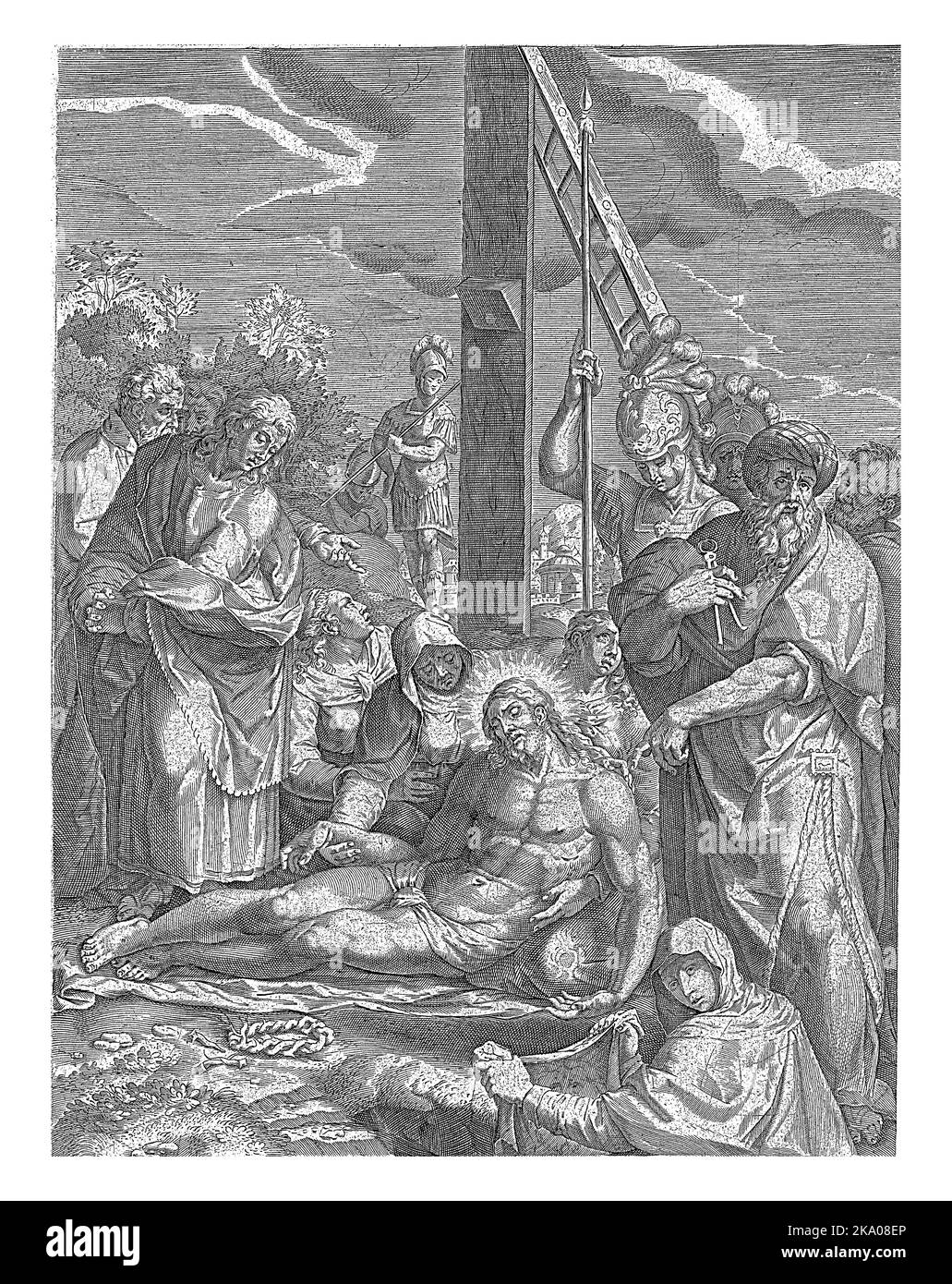 Lamentation of Christ under the Cross, Cornelis Cort, after Girolamo Muziano, after 1568 - before 1612 Christ at the Foot of the Cross, supported by M Stock Photo