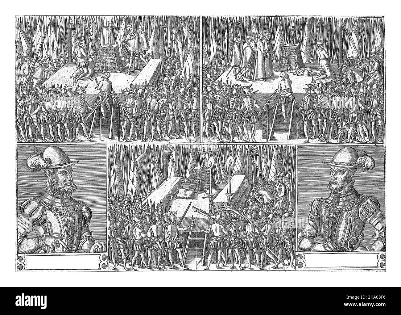 The Beheading of Egmont and Horne, Wolfgang Meyerpeck, 1568 The Beheading of the Counts of Egmond and Horne, June 5, 1568, in five scenes. Stock Photo