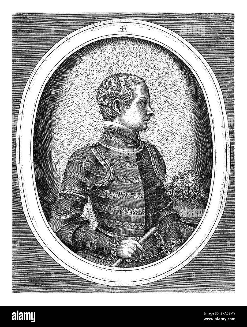 Portrait of Francis II, King of France, half-length to the right with a commander's staff in his hand, in the background right a helmet, in an oval fr Stock Photo
