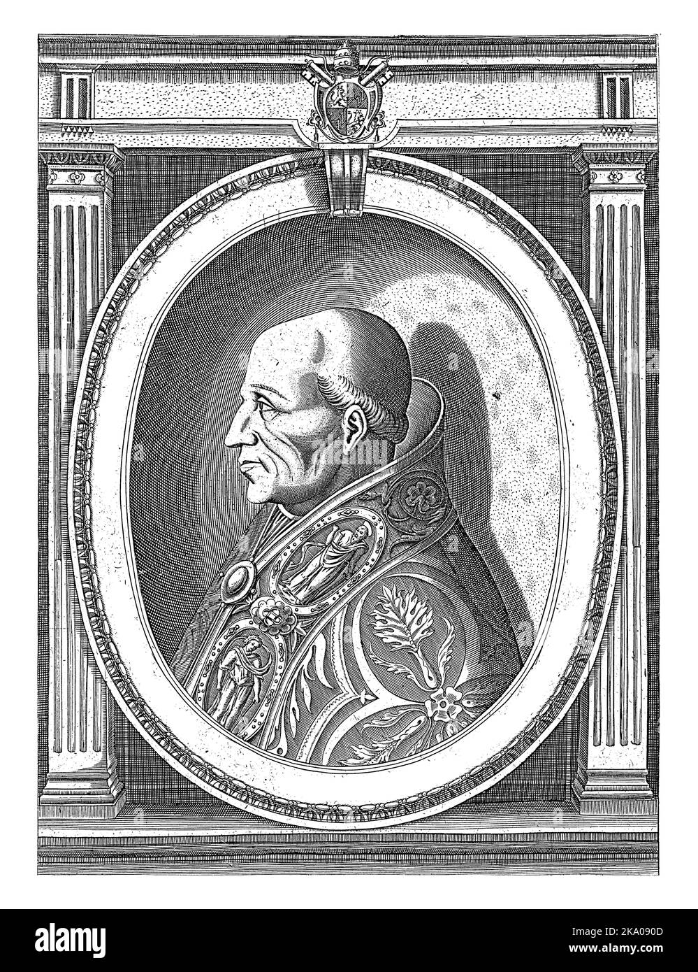 Portrait of Pope Adrian VI wearing the papal robes. Bust and profile to the left in an oval frame with edge lettering. Stock Photo
