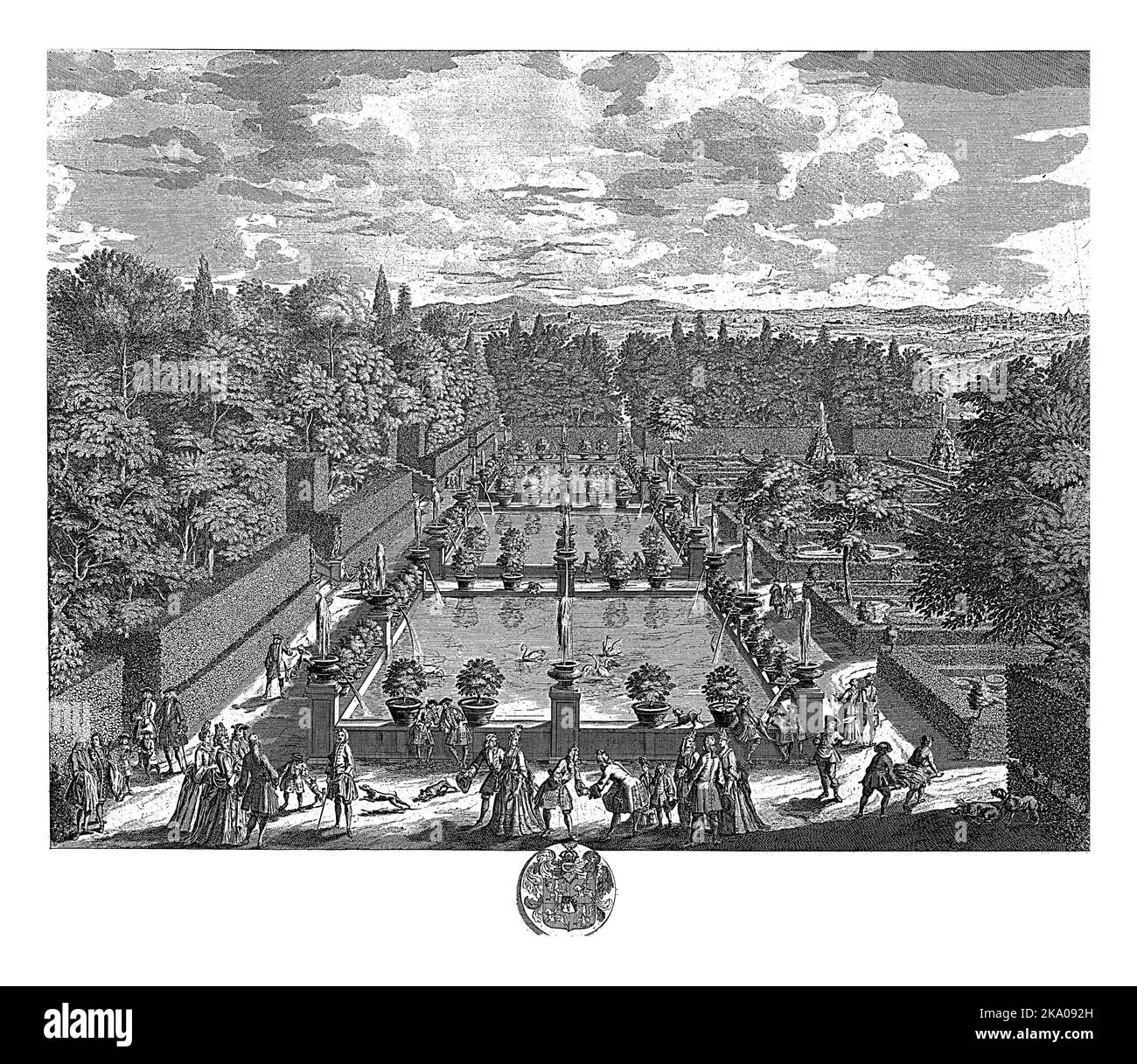 View of three ponds with fountains in the gardens of Villa d'Este, in Tivoli. In the foreground, ladies and gentlemen amuse themselves with conversati Stock Photo