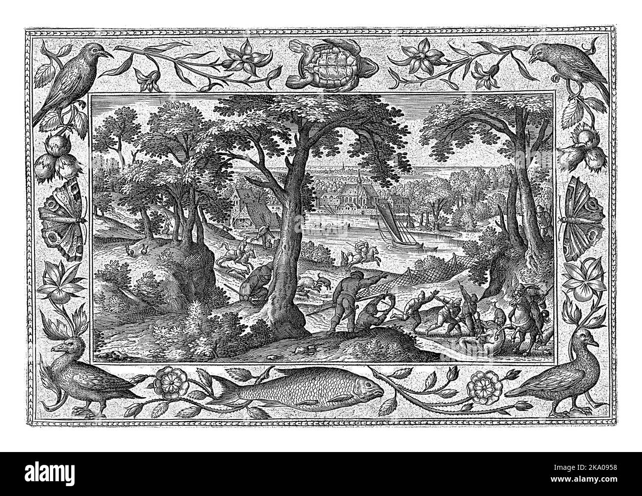 Forest landscape with boar hunt. In the foreground, a wild boar is attacked by dogs and stabbed by hunters. The print has an ornamental frame with flo Stock Photo