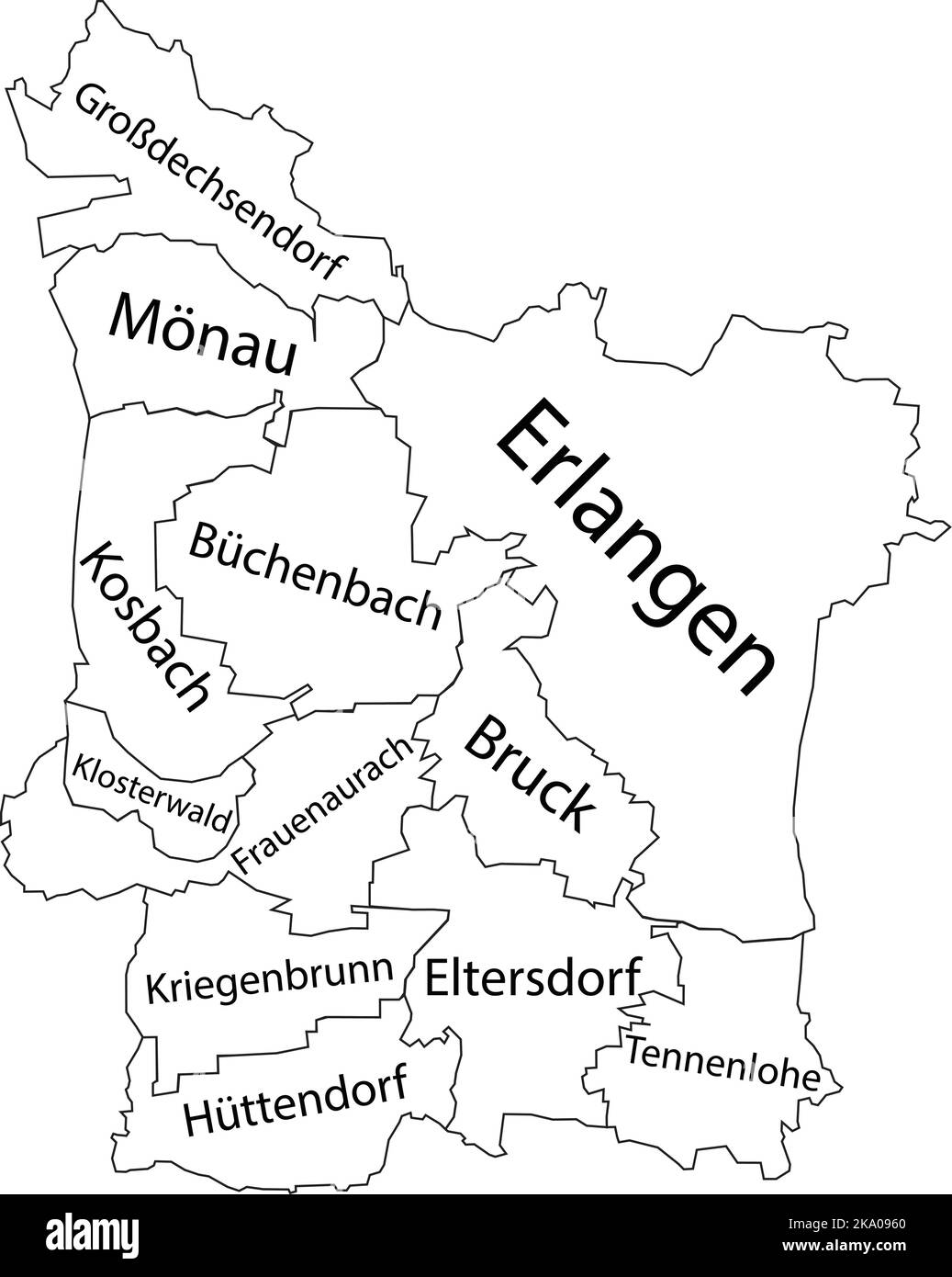 White tagged districts map of ERLANGEN, GERMANY Stock Vector Image