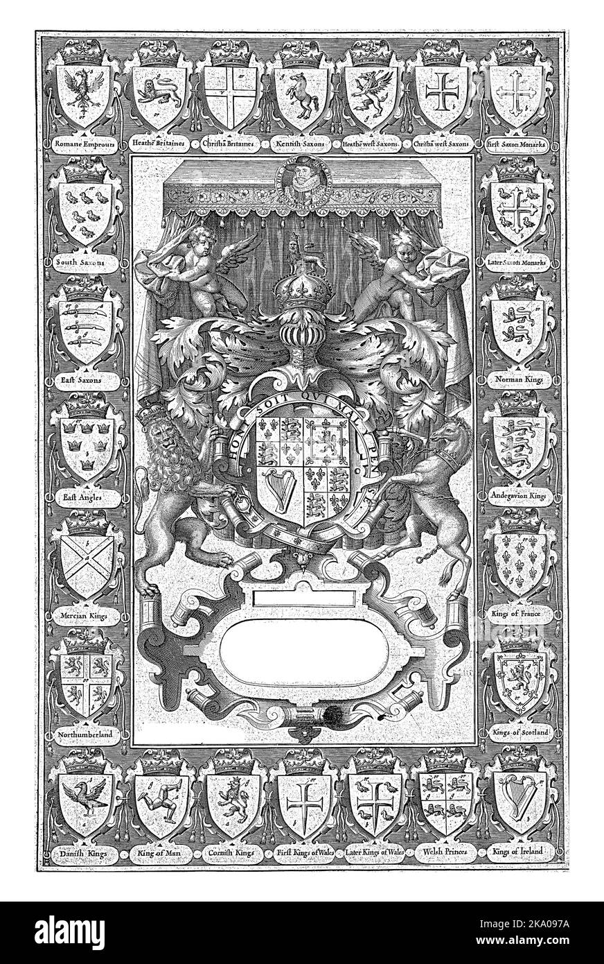 The coat of arms of England with many weapons in the edge. At the