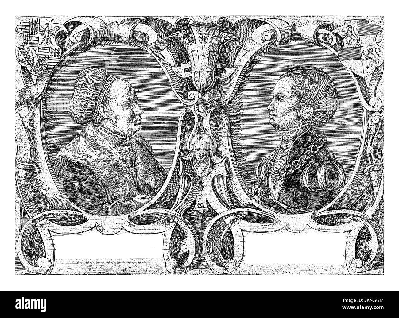 Double portrait of Count Ernst II Mansfeld zu Vorderort and of his second wife Dorothea von Solms-Lich, both in profile. Ornamental frame their person Stock Photo