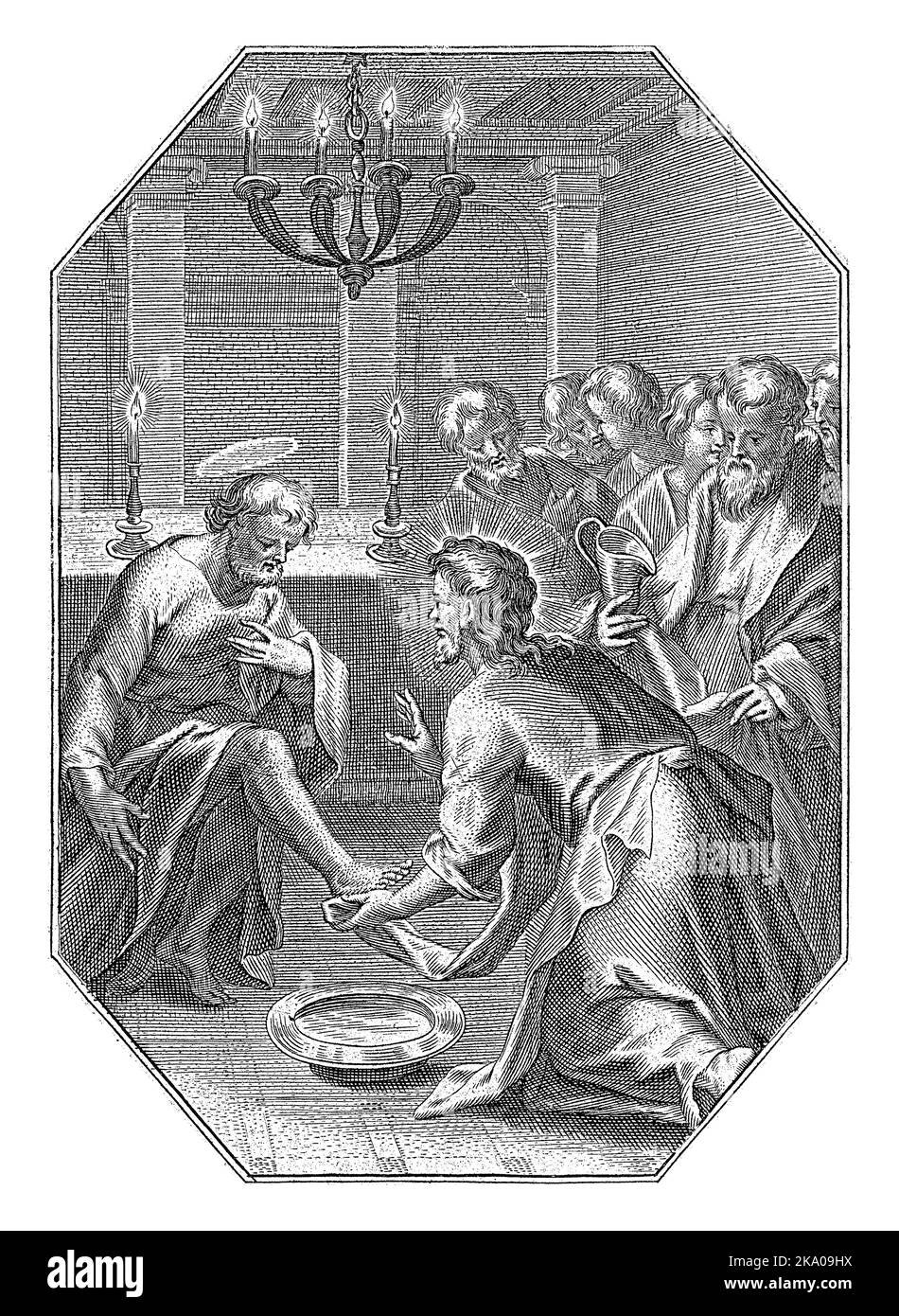 Washing the feet, Cornelis Galle (I), 1586 - 1650 Christ washes the feet of the apostles one by one. He kneels on the ground and dries the feet of the Stock Photo