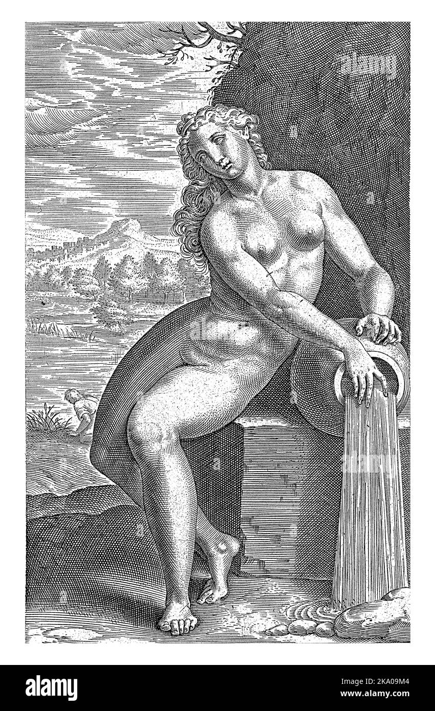 Water Nymph Liriope, Philips Galle, 1587 The Water Nymph Liriope, mother of Narcissus. In the background Narcissus. The print is part of a seventeen-p Stock Photo