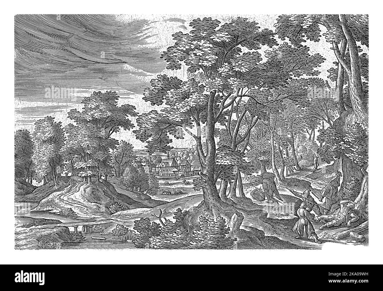 In a forest, a traveler is attacked by highwaymen. The print is part of a four-part series of landscapes with scenes from the parable of the Good Sama Stock Photo