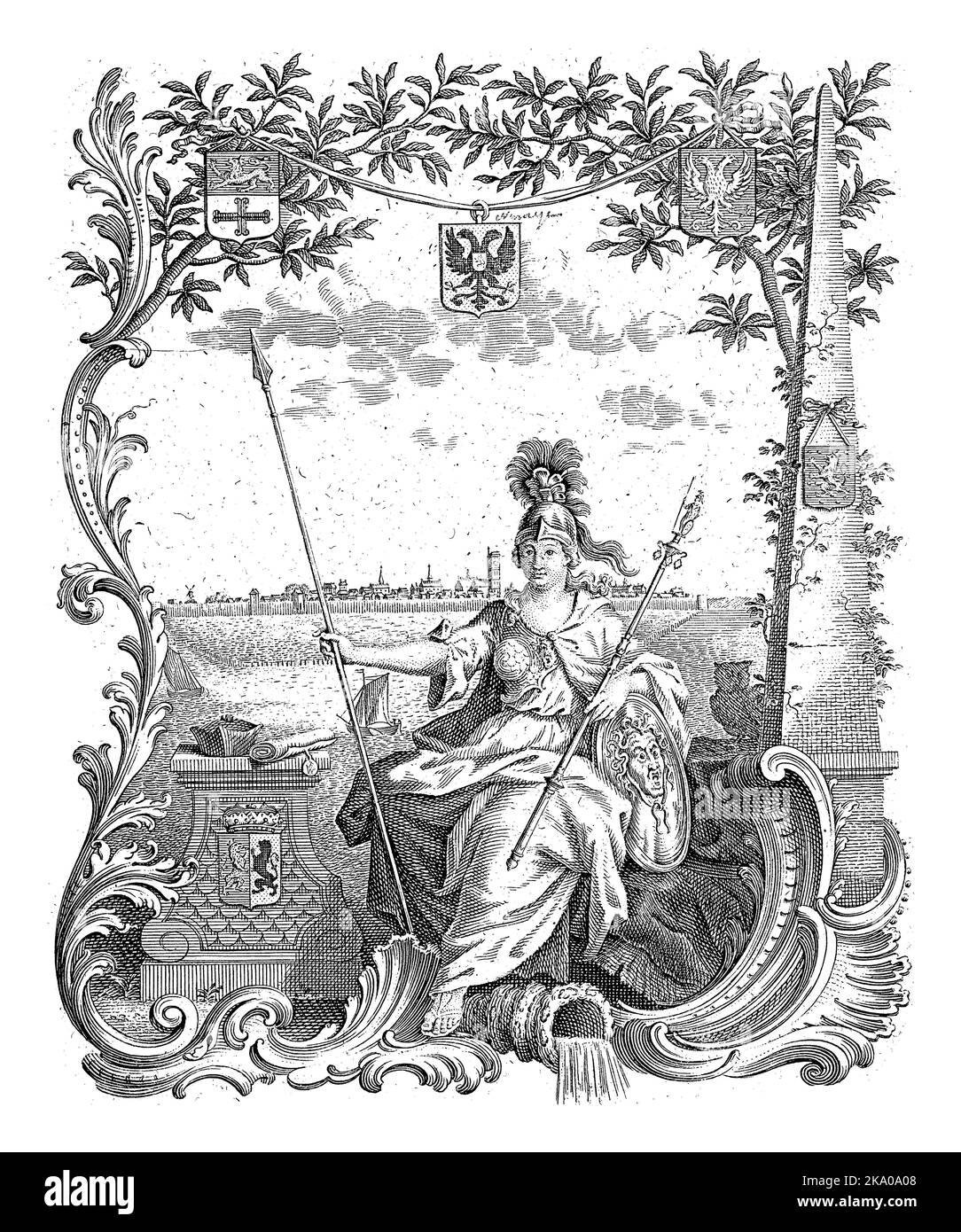 Minerva (Pallas Athene) is sitting on a chair, in one hand a lance, in the other a beadle staff, next to her a pedestal with the coat of arms of Gelde Stock Photo