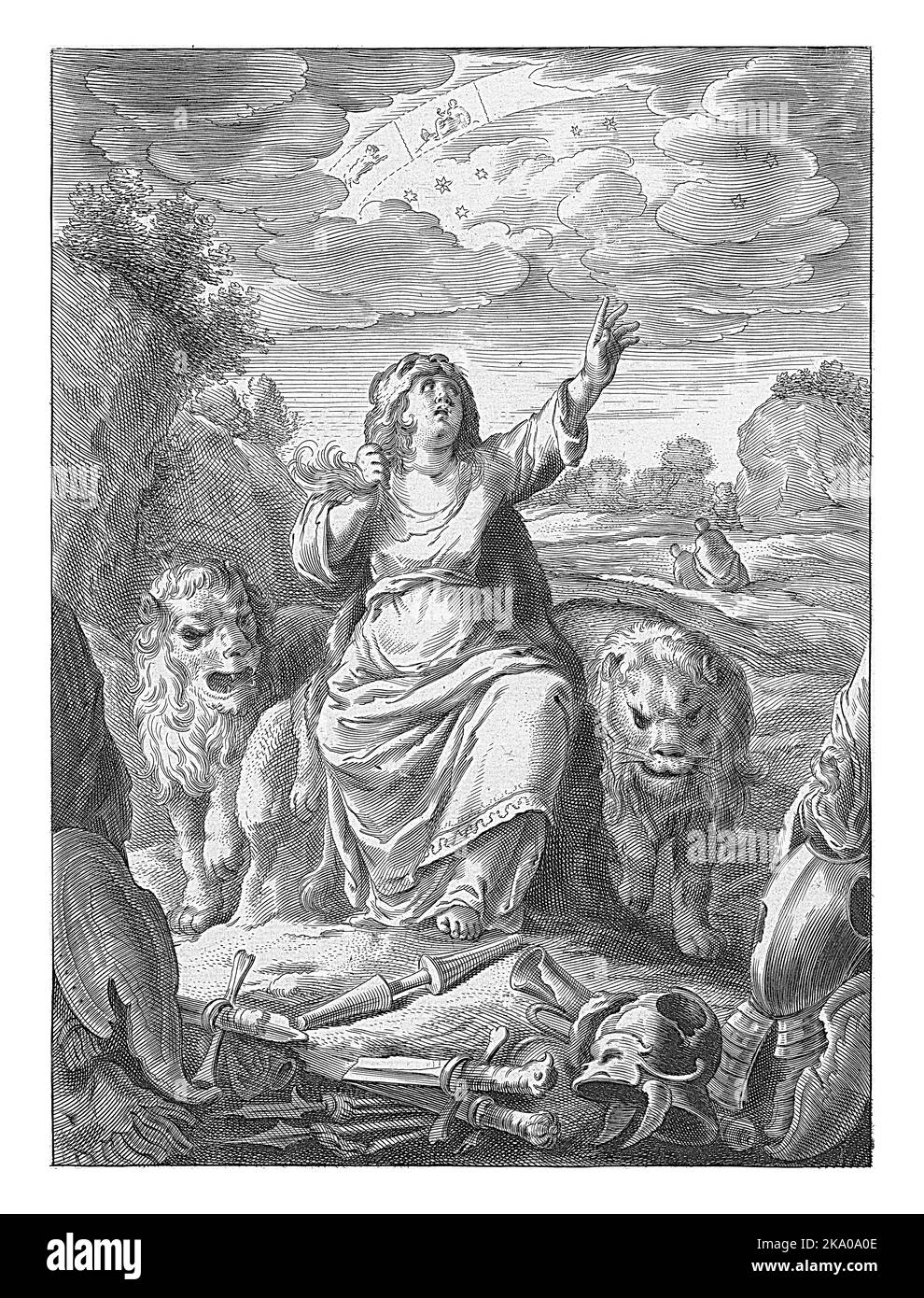 Female personification of the continent of Africa as a woman with lionskin sitting between lions. She gestures to the sky where signs of the zodiac ar Stock Photo