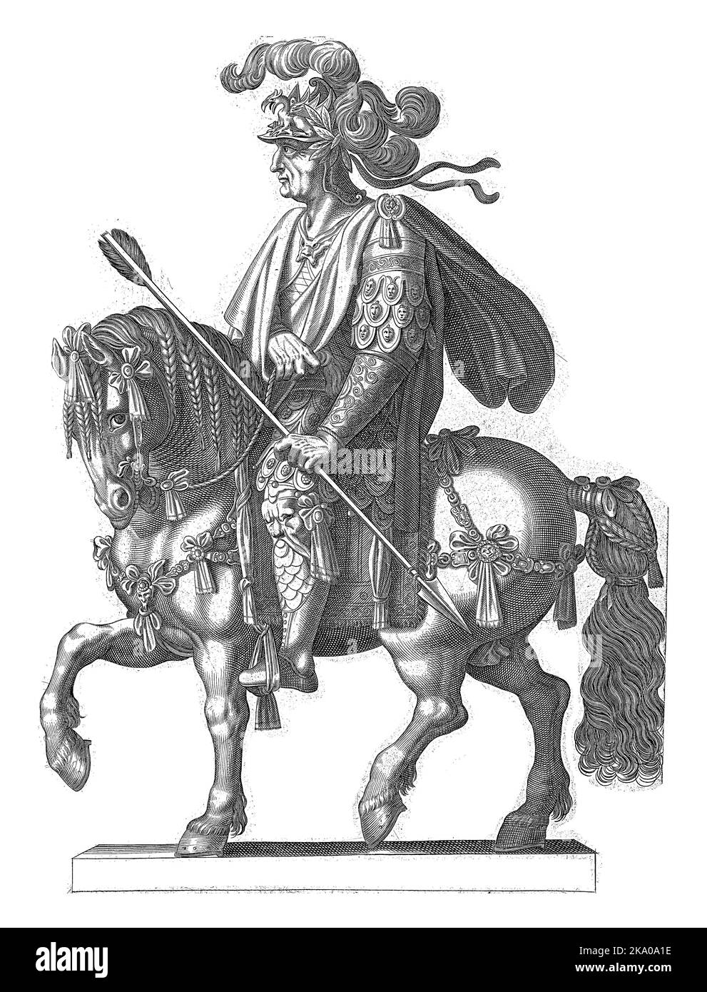 Emperor Galba on horseback, in profile depicted with one hand on the bridle and a spear in the other. Stock Photo