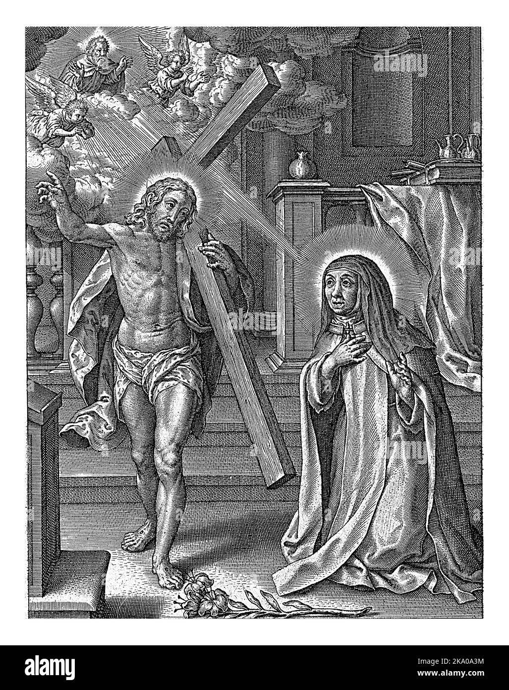 Christ Appears to Saint Teresa of Avila, Antonie Wierix (III), 1563 - before 1619 Saint Teresa of Avila is kneeling in a church. At her feet lies a li Stock Photo