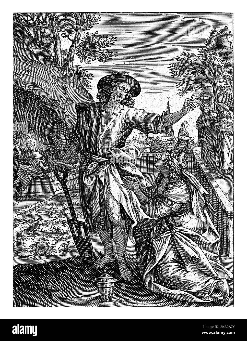 After the Rebellion, Christ appears as a gardener to Mary Magdalene. She is kneeling before Christ in a garden. Stock Photo